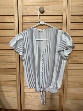 Striped Tie-Front V-Neck Blouse in Gray and White